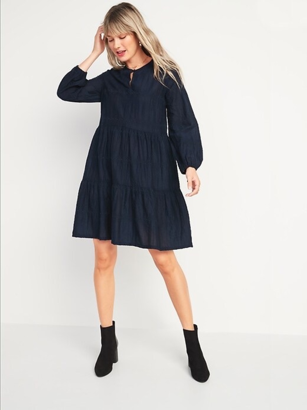 Old Navy Women's Navy Blue Tiered Long-Sleeve Balloon Sleeve Casual Dress